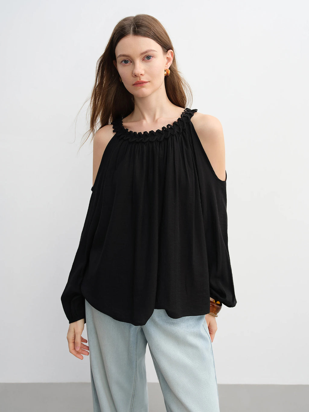 DUSHU Women's Artistic Halter Collar Off Shoulder Lantern Sleeve Blouse Summer New High-end Fashion Shirt 25DS82993
