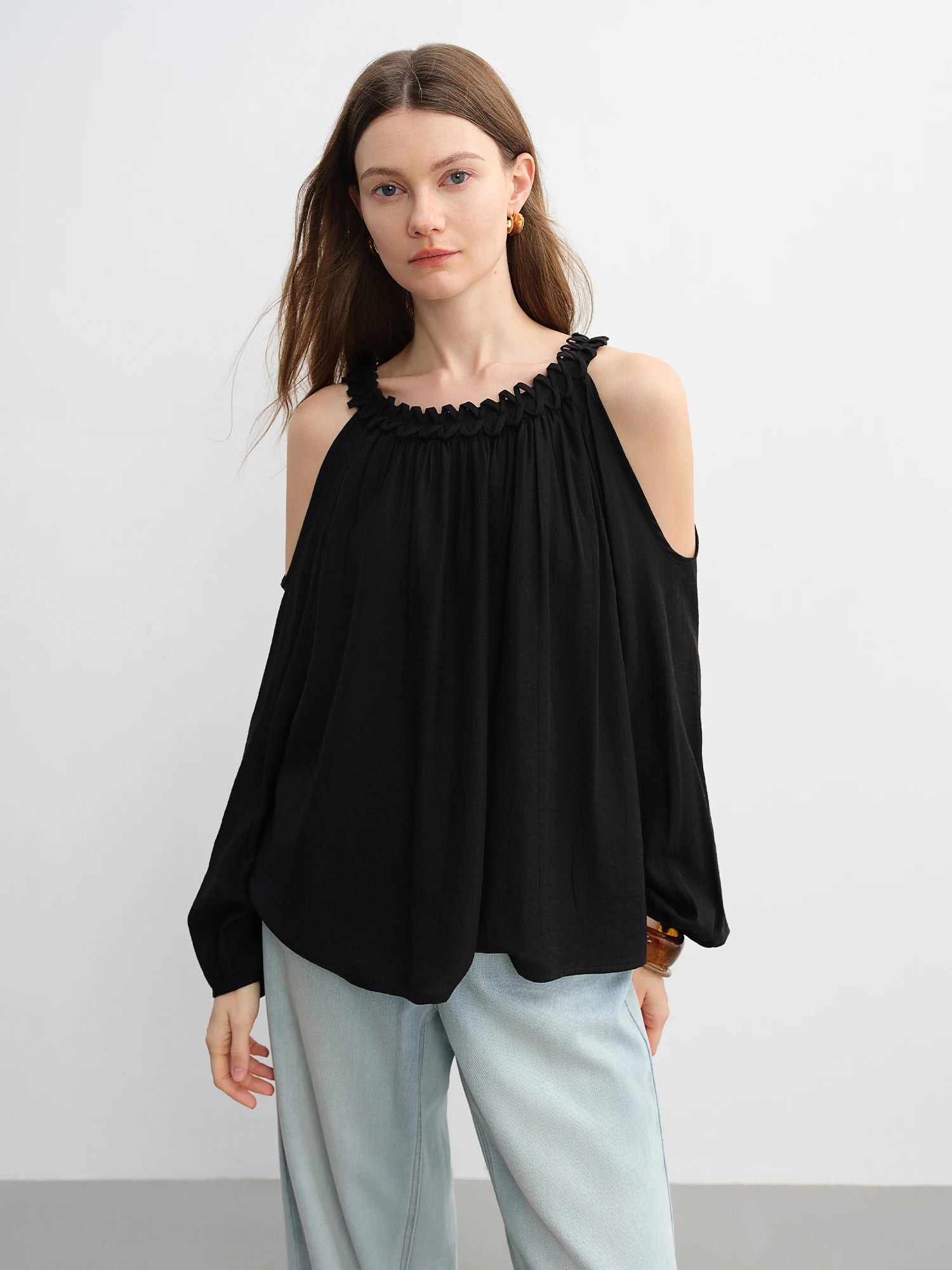 DUSHU Women's Artistic Halter Collar Off Shoulder Lantern Sleeve Blouse Summer New High-end Fashion Shirt 25DS82993