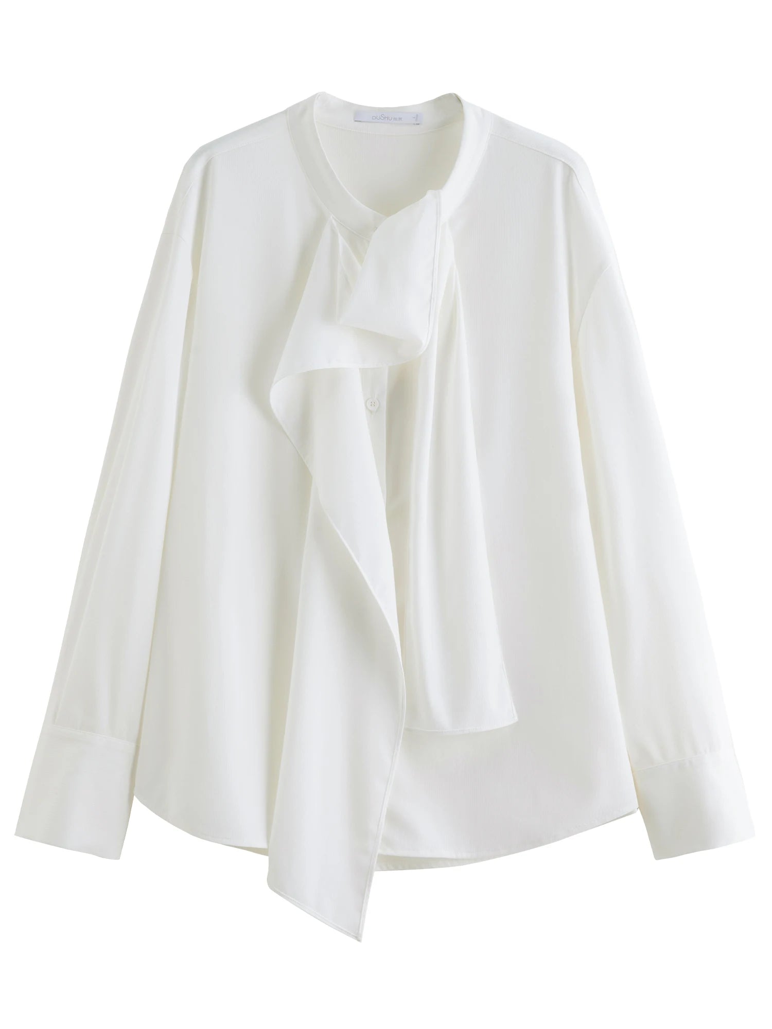 DUSHU Autumn 2025 Women's Ribbon Tie Blouse - Irregular Design Flowy Shirt with Tailored Fit for Office Casual