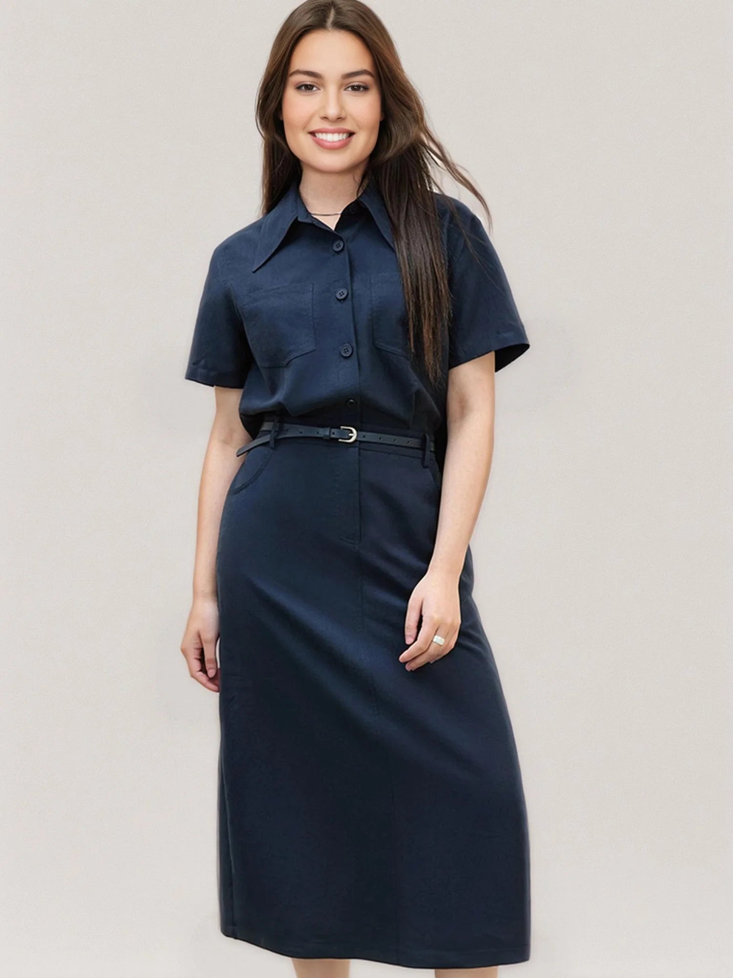 DUSHU Plus Size Women Simple Commuter Shirt Dress 2025 New Arrival Design Lyocell Versatile Casual Blue Long Dress 25DS82498