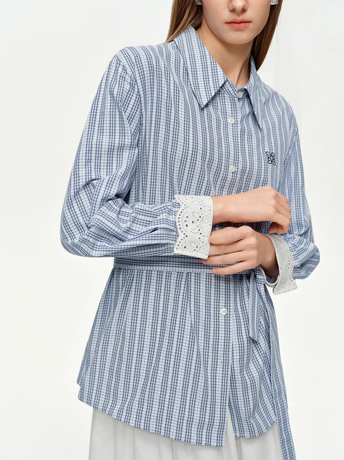 DUSHU 2025 Spring Women's Lace Trim Jacquard Striped Shirt - Tie Waist Blouse with Floral Pattern for Casual and Office Wear