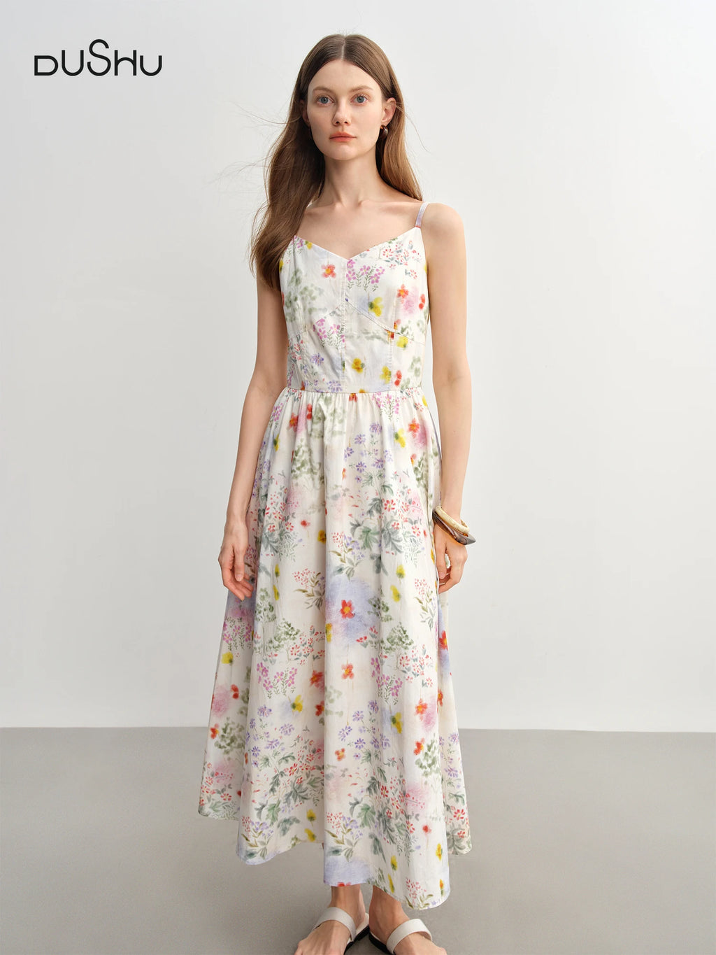 DUSHU 2025 Summer Women's Floral Strappy Dress - Resort Style Slimming Silhouette Lightweight Flowy Midi for Beach Vacations
