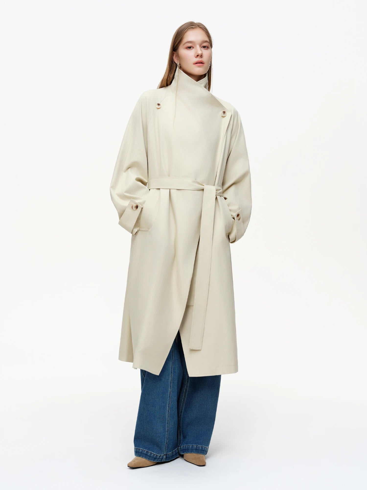 DUSHU Women's British Style Trench Coat 2026 Spring Lapel Slim Fit Mid-Length Outerwear Draped Temperament Solid Simple Ins BF