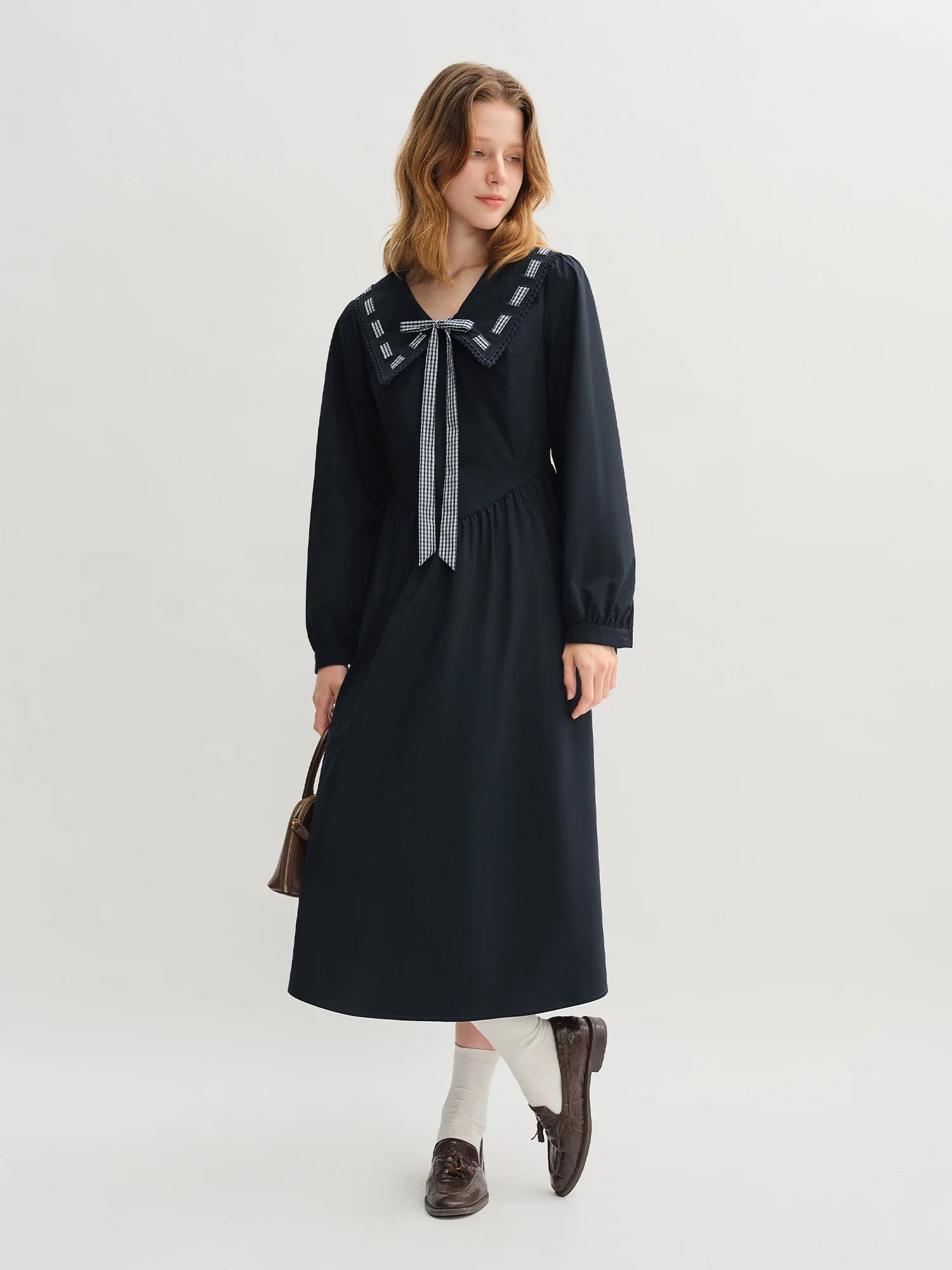 DUSHU Plus Size Women's College Style Navy Collar Ribbon Dress 2025 Autumn New Arrival High Waist Slimming Dress 25DS83299
