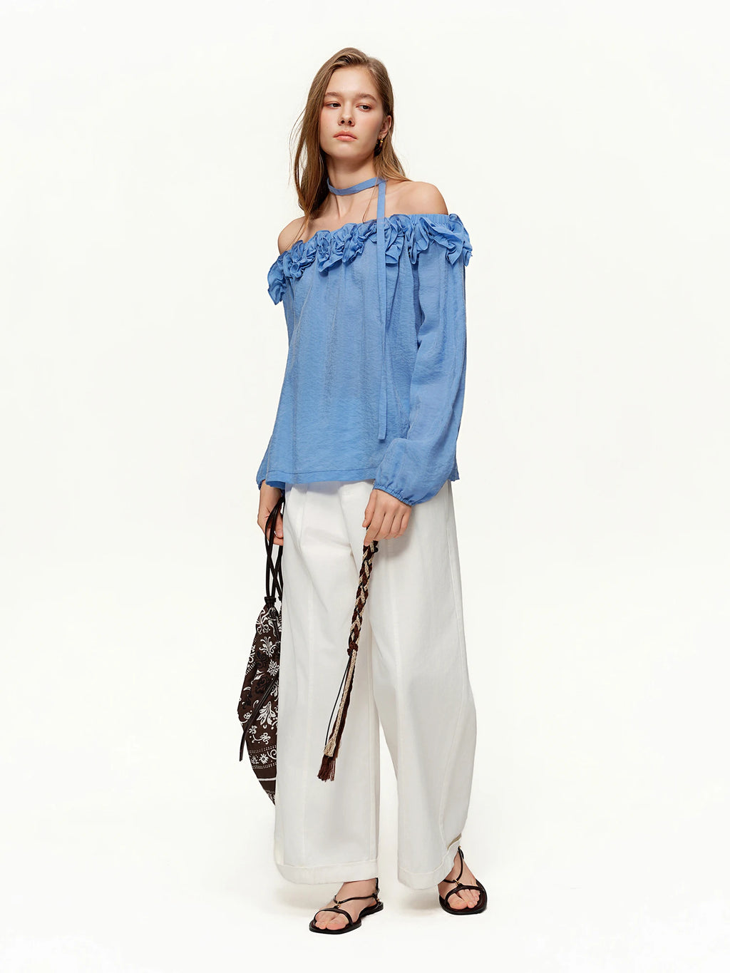 DUSHU 2026 Spring New Arrival Women's Off Shoulder Blouse, 3D Flounce Trim Cupro Top for Y2K Retro Soft Touch Style Chic Shirt