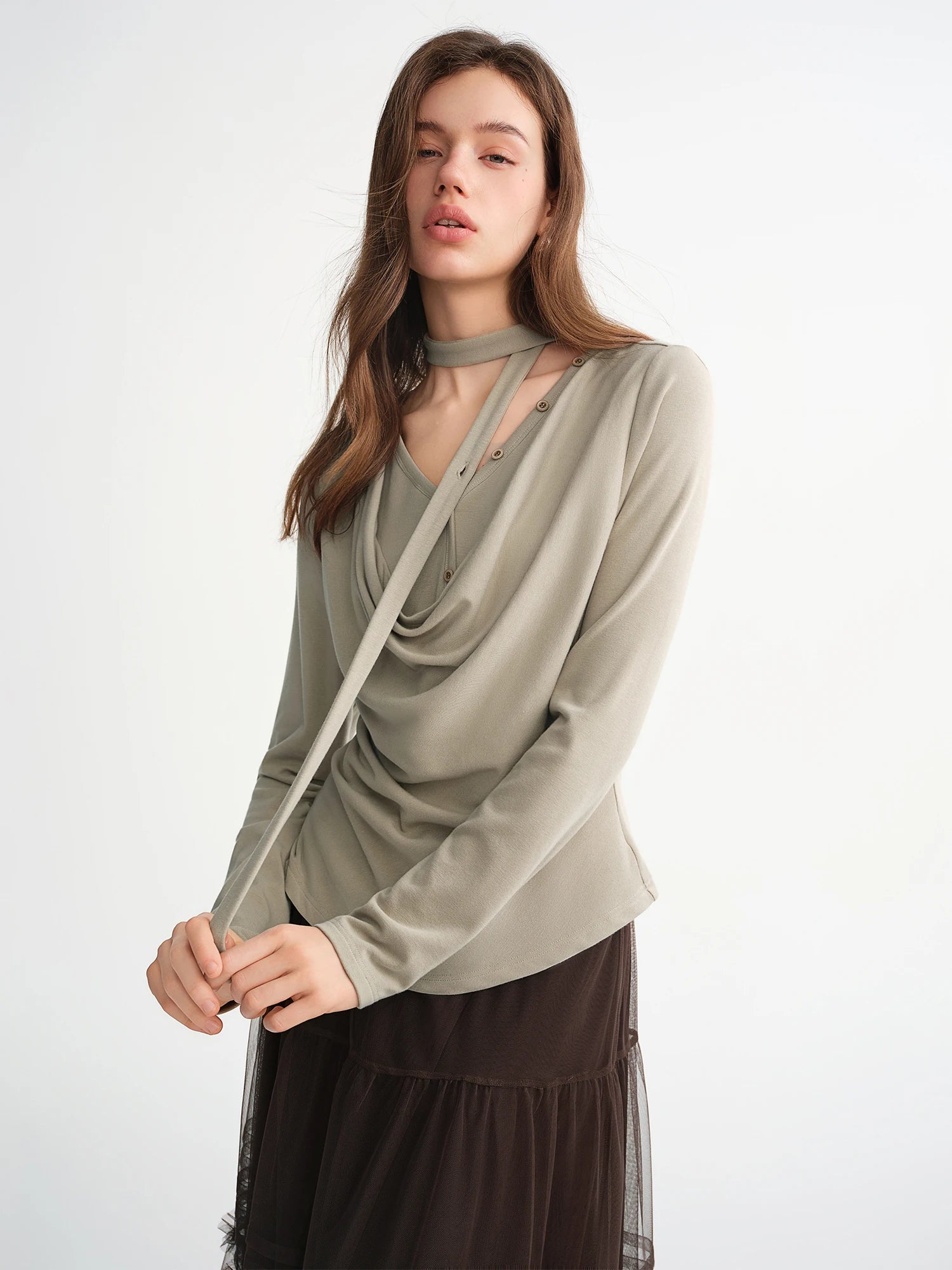 DUSHU Plus-Size Women Layered Art Long-Sleeve T-Shirt with Floating Ribbon neckline Mock Two-Piece Slimming Top for Curvy Women