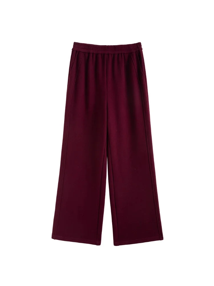 DUSHU Women Sweatshirt Pant Sets Dark Red Hoodies Coat Elastic Waist Long Trousers Apricot Winter Thick Sets 24DS84596＋24DS84618