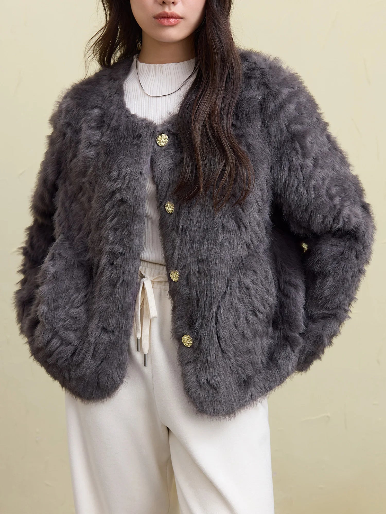 DUSHU Women Faux Fur Jacket Retro Brown Winter Thicken Round Neck Short Coats Office Lady Short Grey Temperament Coat 24DS84643
