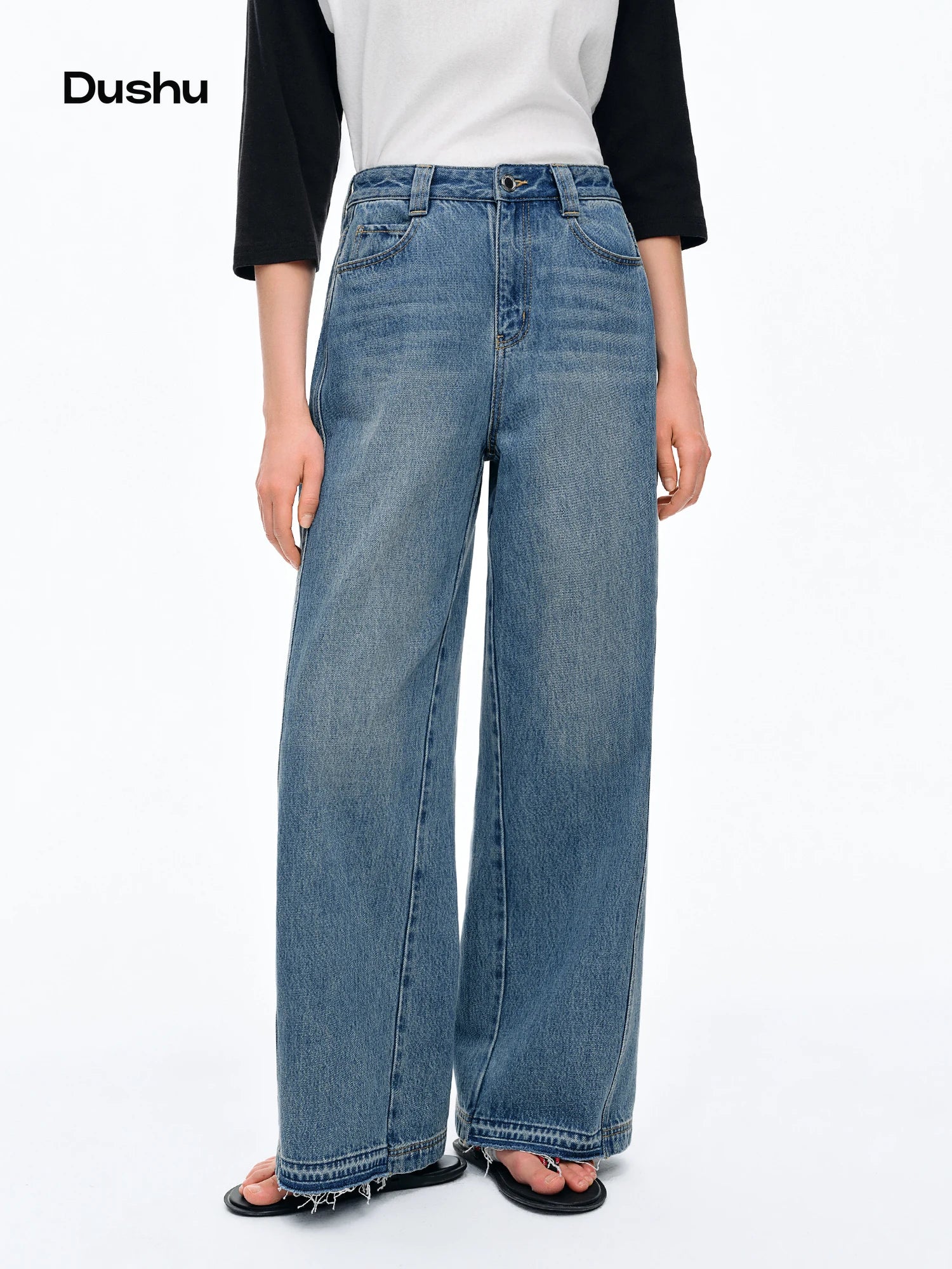 DUSHU 2026 Summer Women's 100% Cotton High Waist Wide-Leg Jeans - Flattering Straight Cut Denim Pants for Casual Summer Wear