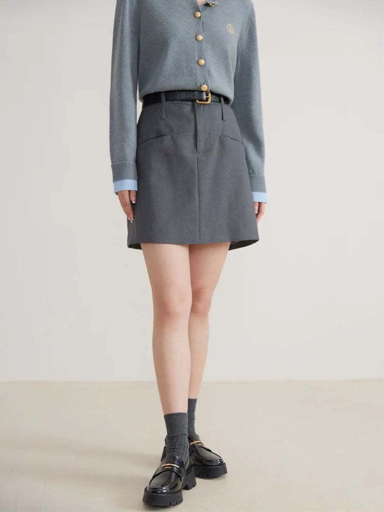 DUSHU【2 Colors】Women Pocket Decoration Commuter Above-Knee Length Spring Skirts High Waist Brown Female Mini A-LINE Skirt