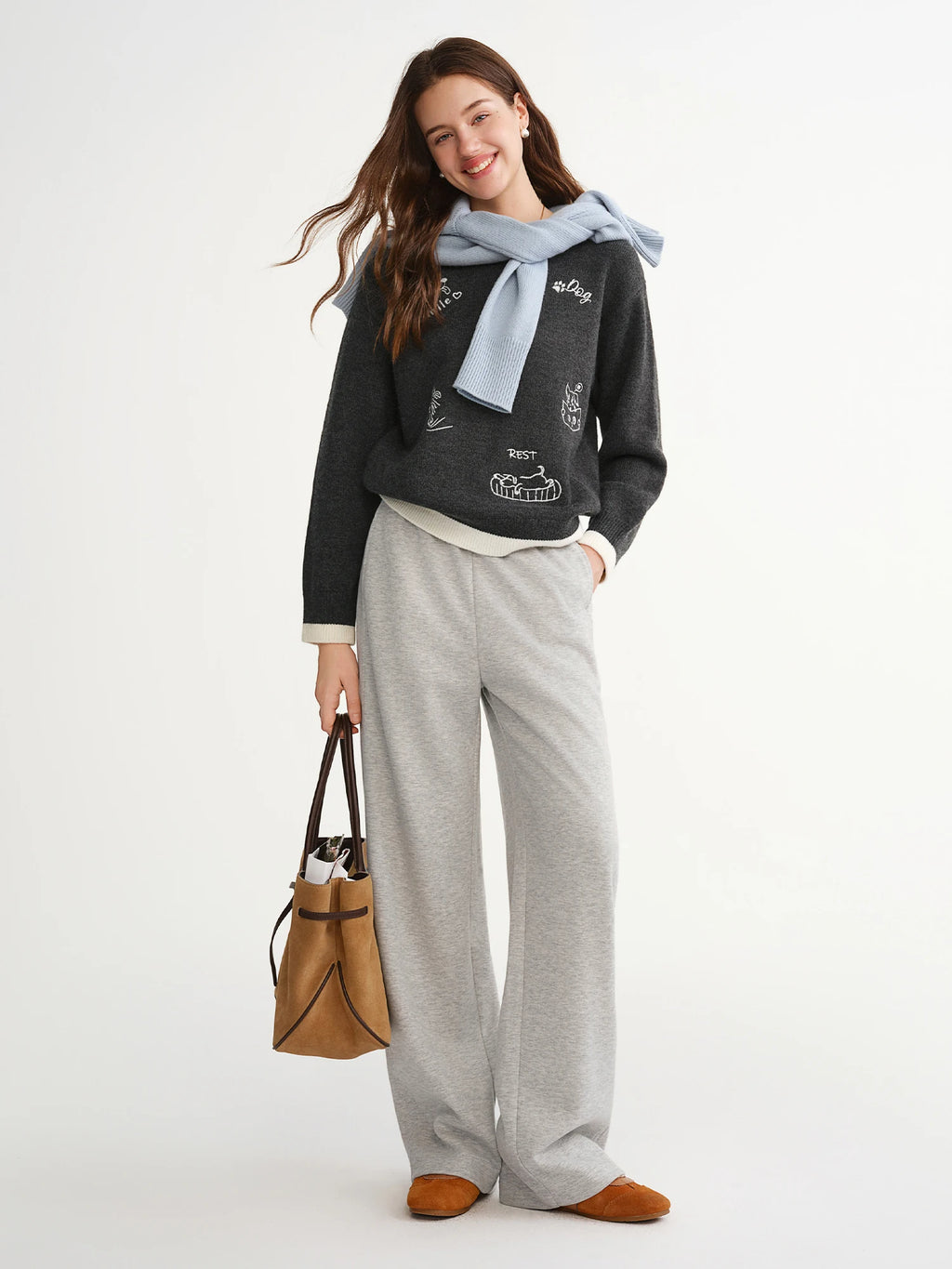 DUSHU Plus-Size Women's Elastic Waist Embroidered Straight-Leg Front-Seam Slimming Winter Wide-Leg Pants French Design Elements
