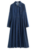 DUSHU Autumn 2025 Women's Denim Dress - Elegant Bouffant Hem Flowy Maxi Dress Casual Daily Wear Empire Waist Floral Print