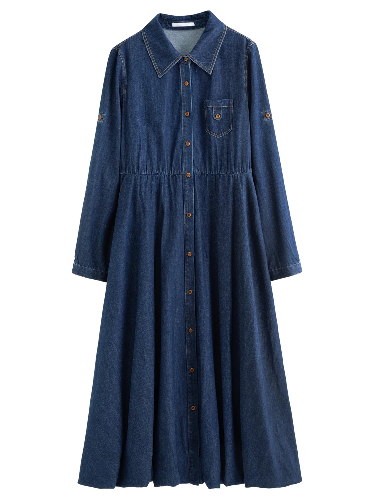 DUSHU Autumn 2025 Women's Denim Dress - Elegant Bouffant Hem Flowy Maxi Dress Casual Daily Wear Empire Waist Floral Print