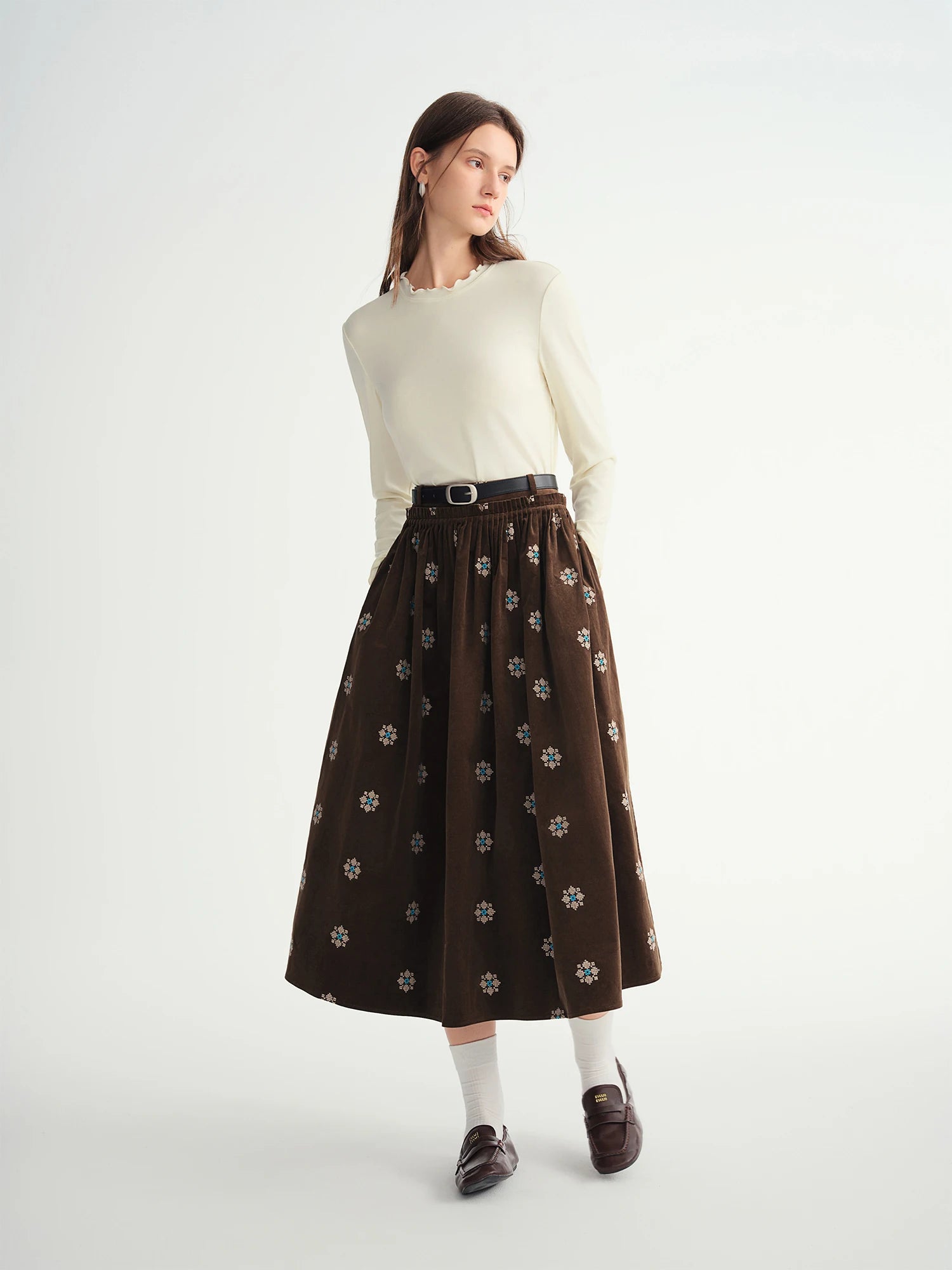 DUSHU Black Skirt Embroidered Retro Stretch Corduroy A-line Skirts Mid-calf Length Pleated Commuting Gothic Retro Elegant Ladies