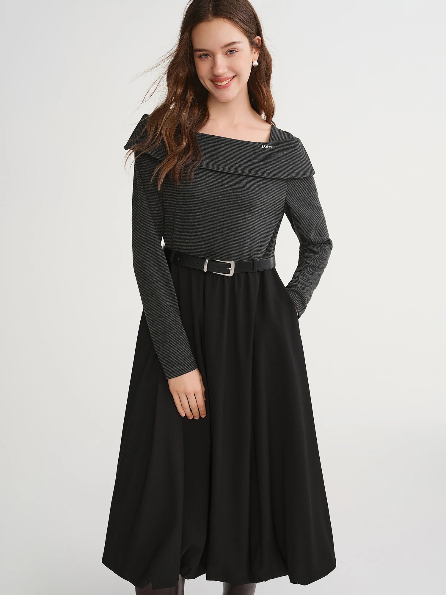 DUSHU Women's Plus Size Autumn And Winter Contrast Color Fake Two-piece Dress 2025 Winter Wear Large Swing Mid-length Dress