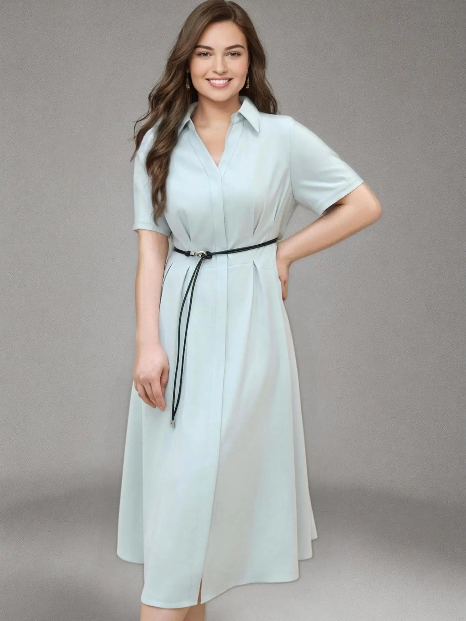 DUSHU【3 Colors】Women Turn-down Collar Shirt Dresses Pleated Design High Waist Commuter Long Dress Without Sashes 25DS82467