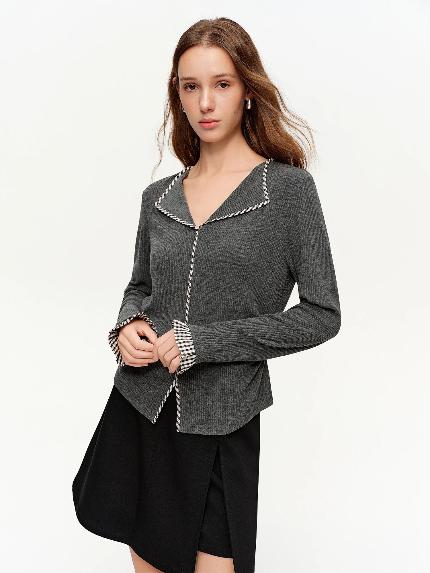 DUSHU 2026 Plus Size Spring New Women's Knit Top, Minimalist Plaid Color Block Long Sleeve Shirt, Y2K Retro Basic Layering Tee