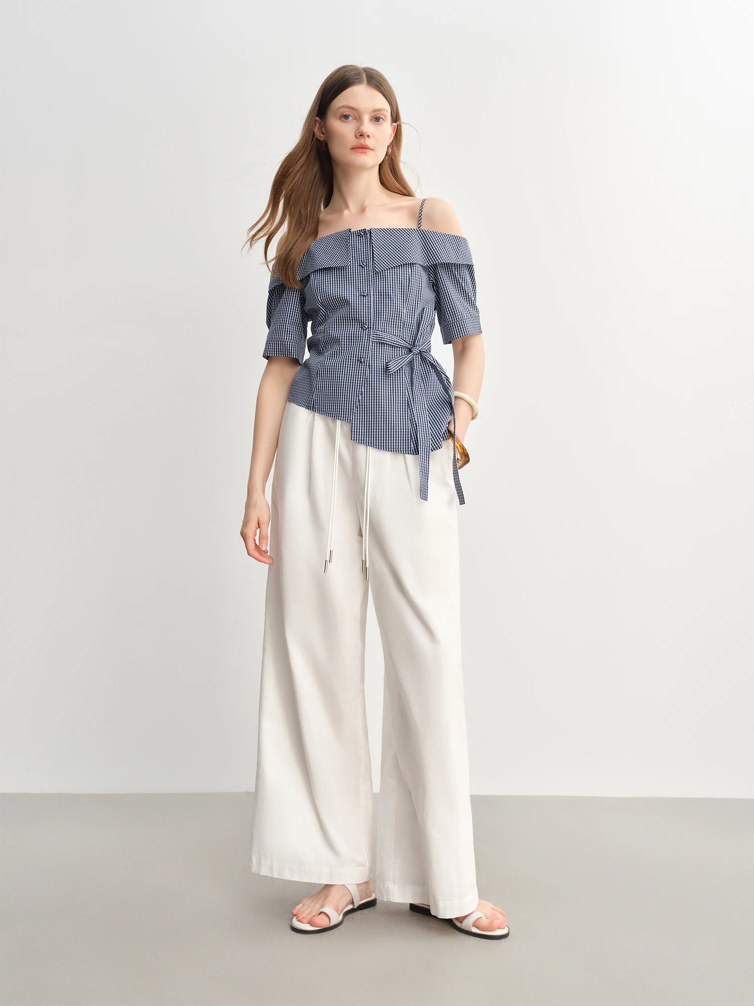 DUSHU 2025 Summer Women's Gingham Strappy Top - Adjustable Ties Short Sleeve Shirt with Flattering Silhouette & Design Details
