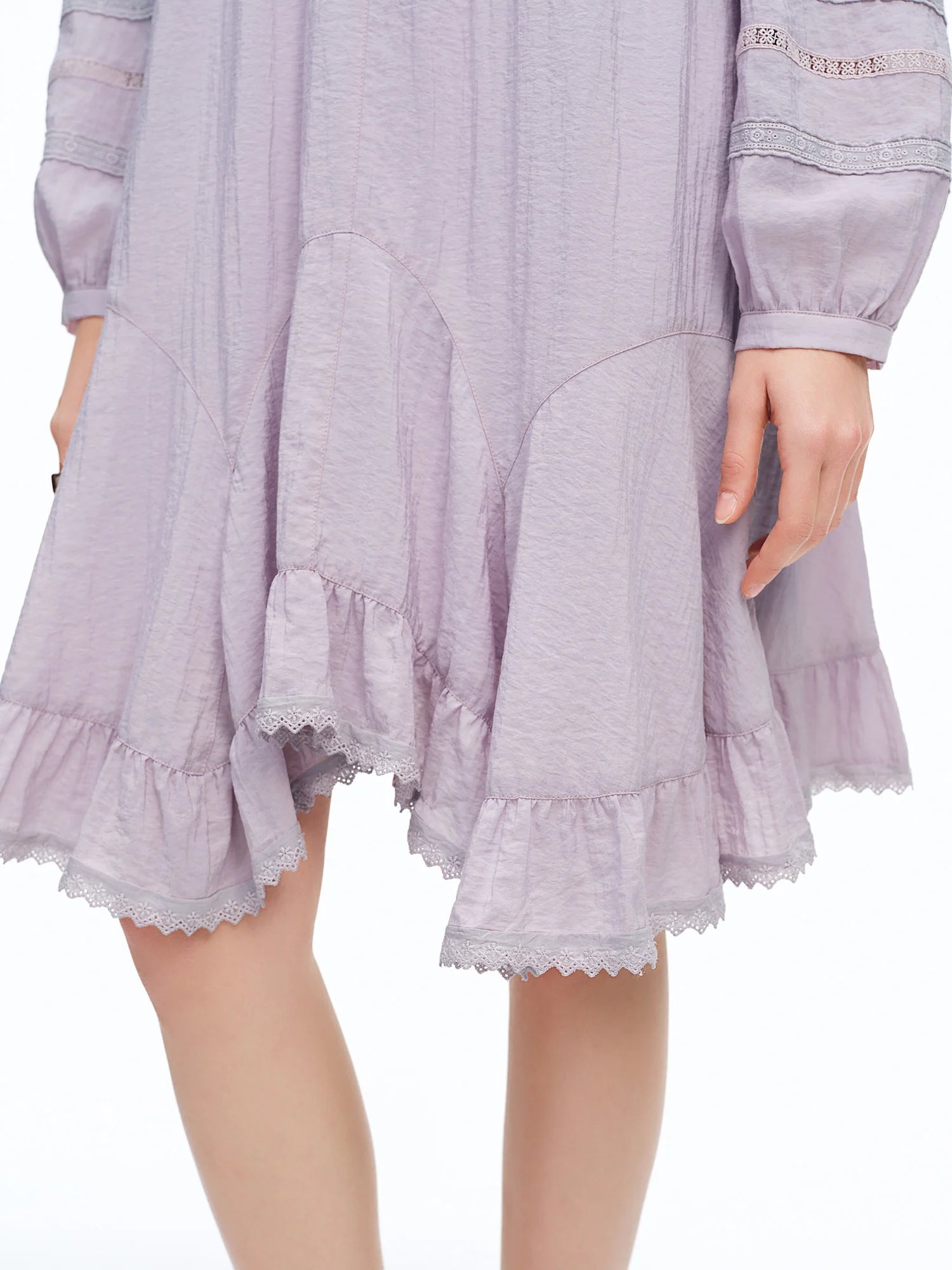 DUSHU 2026 Spring Women's French-Inspired Lace Trim Asymmetric Hem Purple Retro Dress - Elegant Vintage Style Ruffle Detail