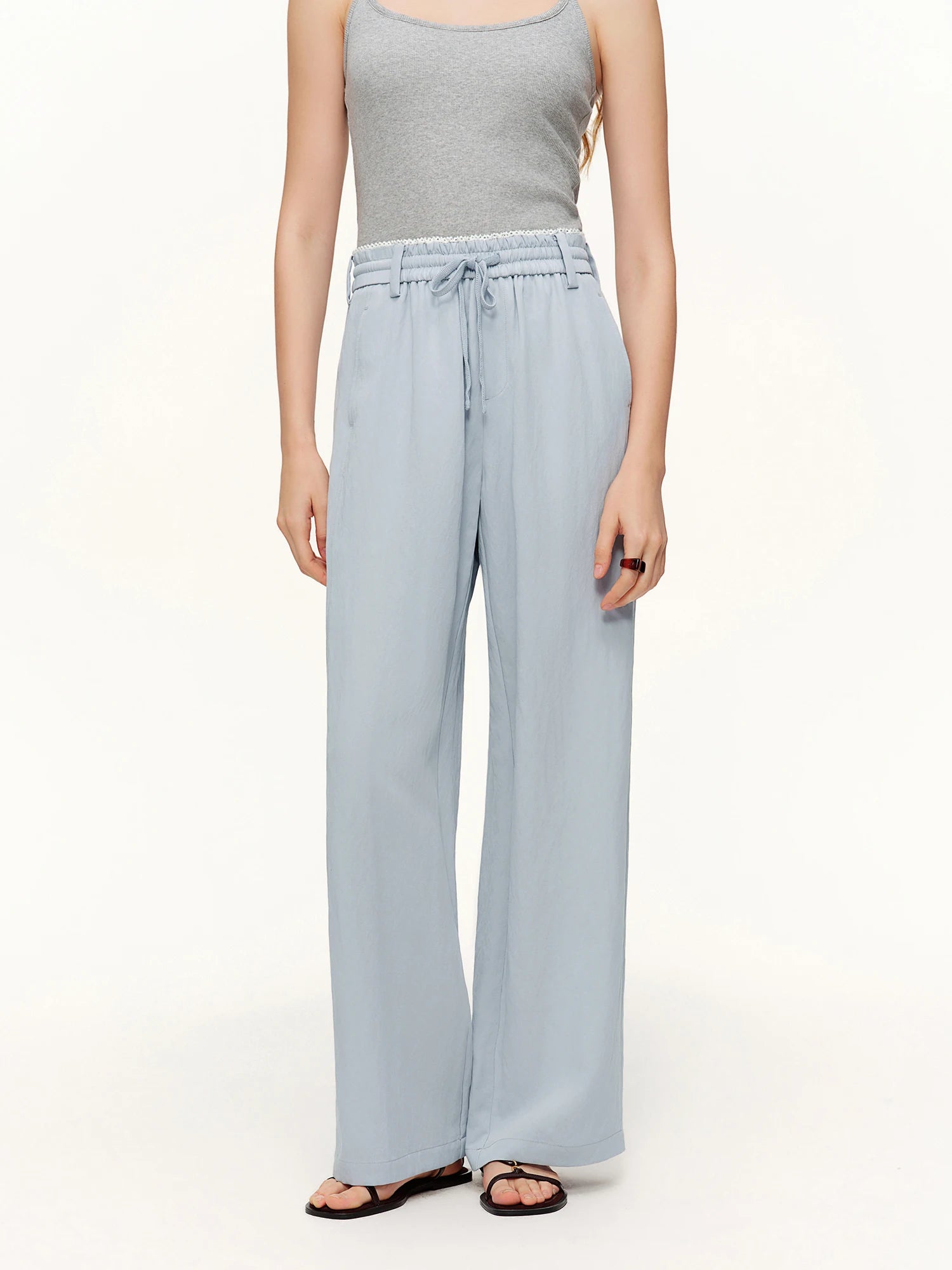 DUSHU 2026 Spring Women's Elastic Waist Drawstring Straight Leg Pants - Flowy Draping Comfortable Relaxed Fit Casual Trousers