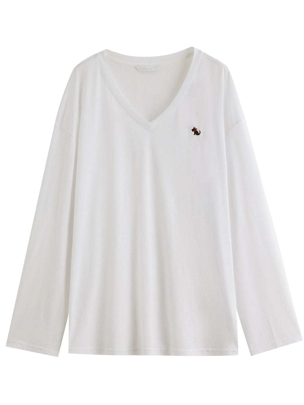 DUSHU Women's Embroidered Small Dog V-Neck Long Sleeve Cover-Up - Summer 2025 New Arrival Fashion Commute T-Shirt 25DS82739
