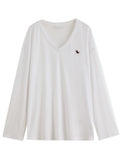 DUSHU Women's Embroidered Small Dog V-Neck Long Sleeve Cover-Up - Summer 2025 New Arrival Fashion Commute T-Shirt 25DS82739