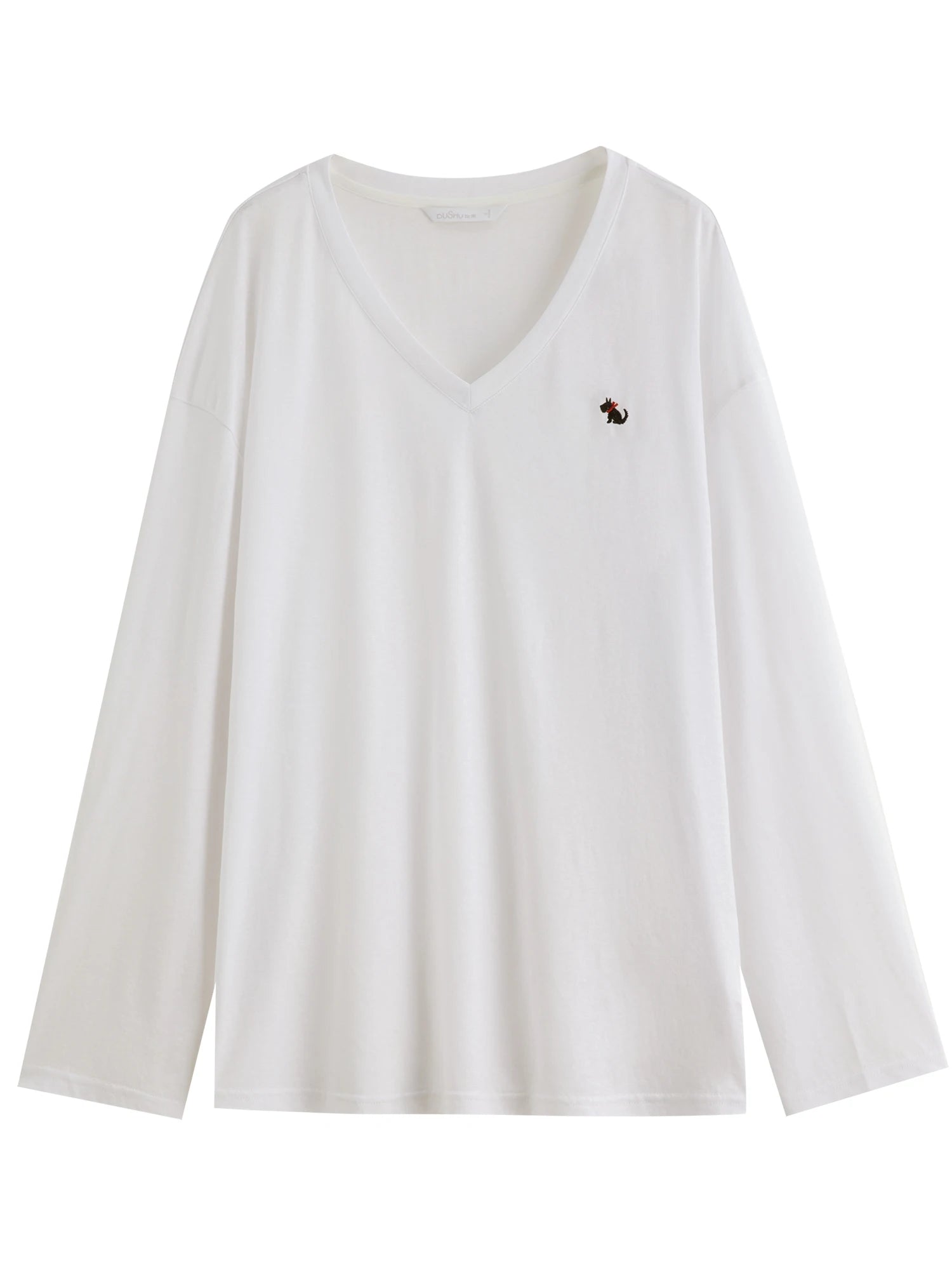 DUSHU Women's Embroidered Small Dog V-Neck Long Sleeve Cover-Up - Summer 2025 New Arrival Fashion Commute T-Shirt 25DS82739