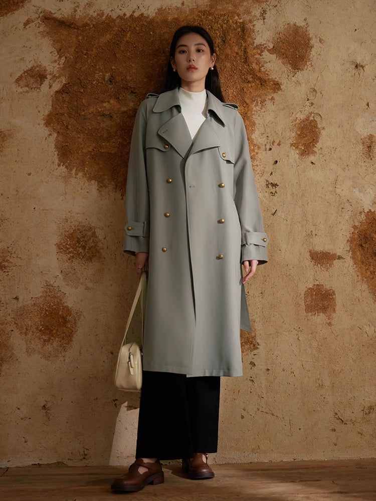 DUSHU Classic British Style Mid Length Trench Coat 2023 Autumn New Retro Style Jacket For Women Grey Casual Loose Women Trench