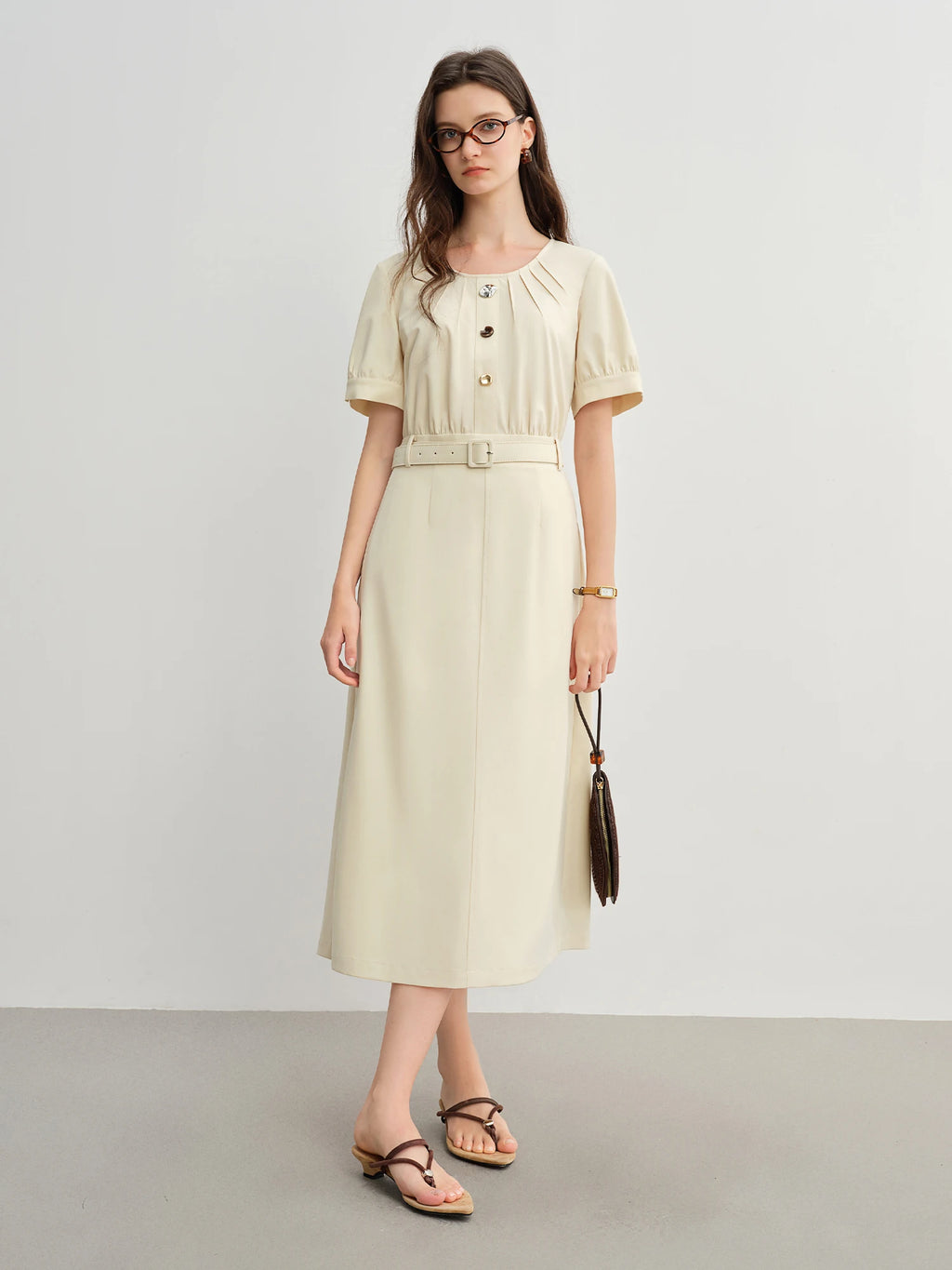 DUSHU Summer 2025 Textured Shift Dress - Fluid Waist Streamlined Silhouette Round Neck Resort to Office