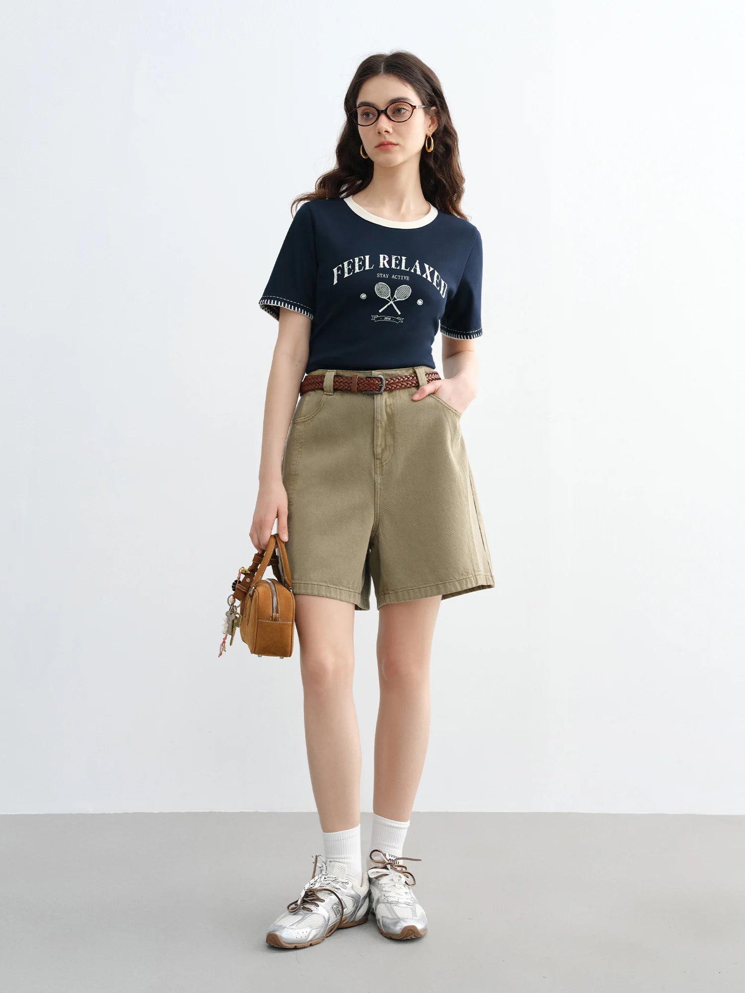 DUSHU 2025 Summer Women's Vintage Contrast-Stitch Round Neck Tee - Relaxed Fit & Breathable Cotton Blend for Casual Chic Style