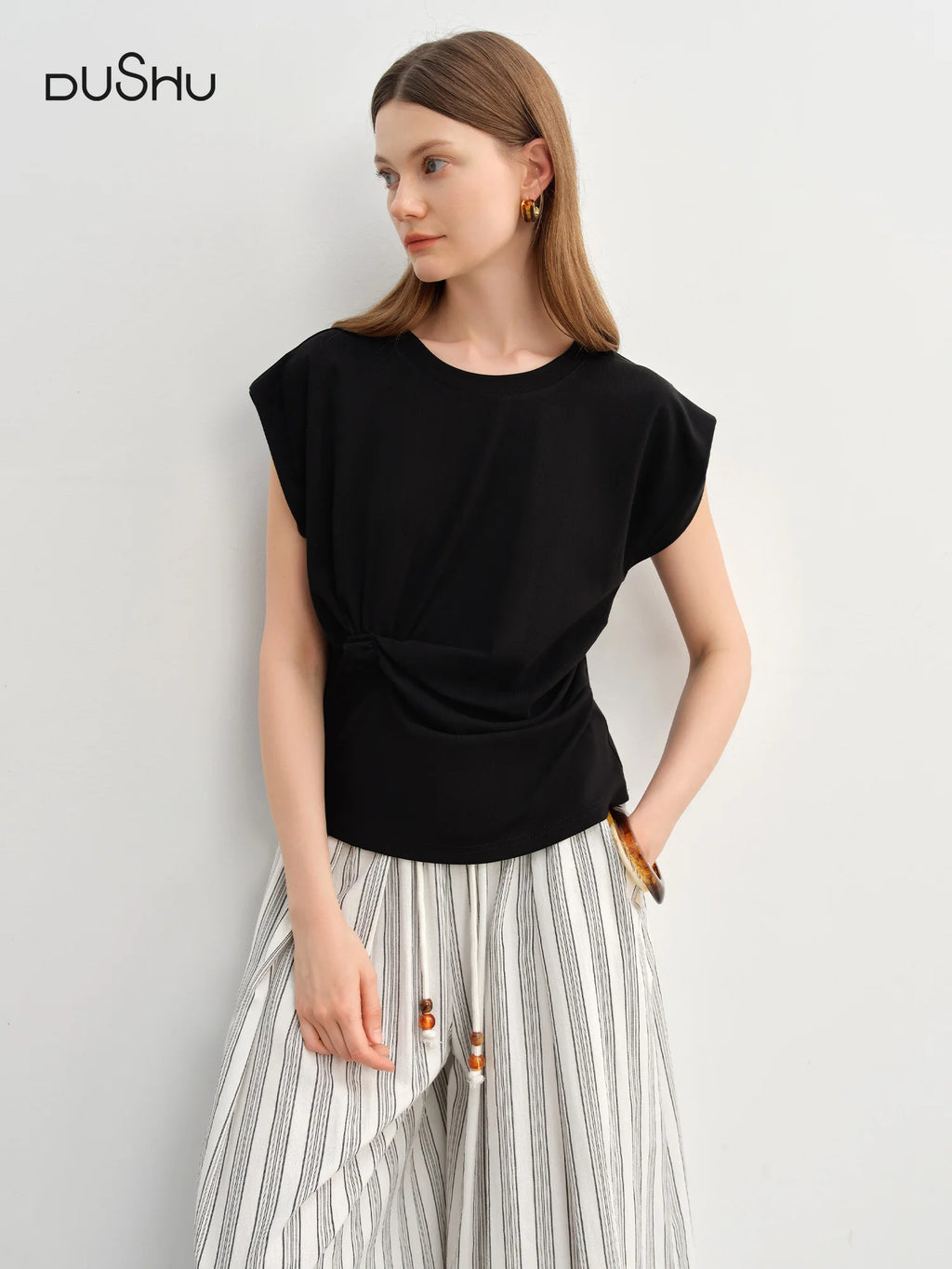DUSHU 2025 Summer Women's Cinched Waist T-Shirt - Flattering Silhouette Short Sleeve Top with Stylish Design Details