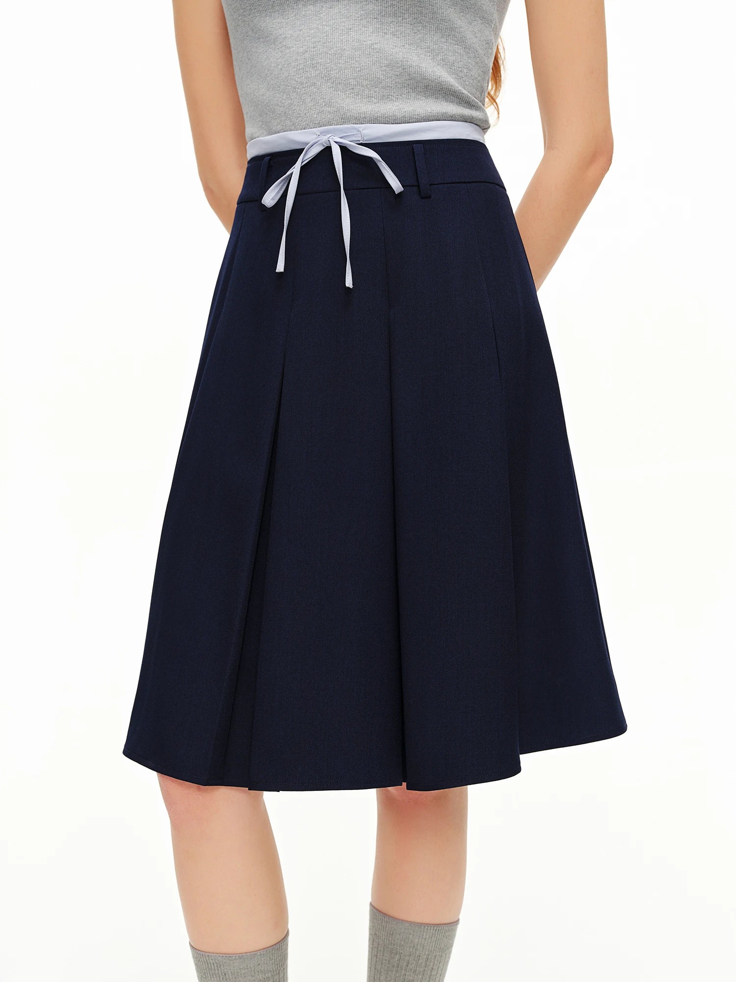 DUSHU Color-blocked Drawstring Midi Skirt New Summer Korean Style High-waisted Slimming A-line Pleated Skirt College All-match