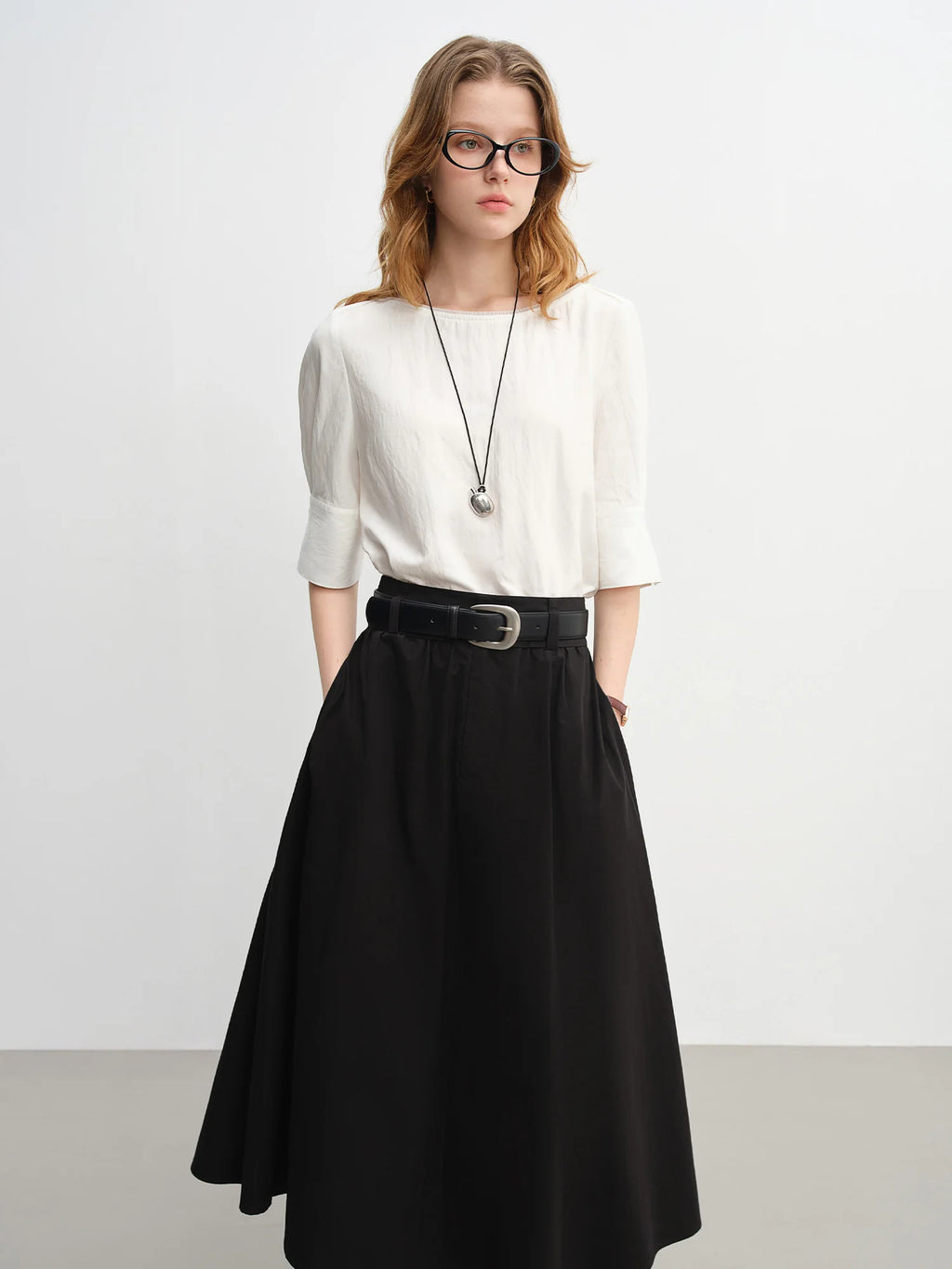 DUSHU One-shoulder commuter shirt 2025 autumn new simple loose split three-quarter sleeve top 25DS83195