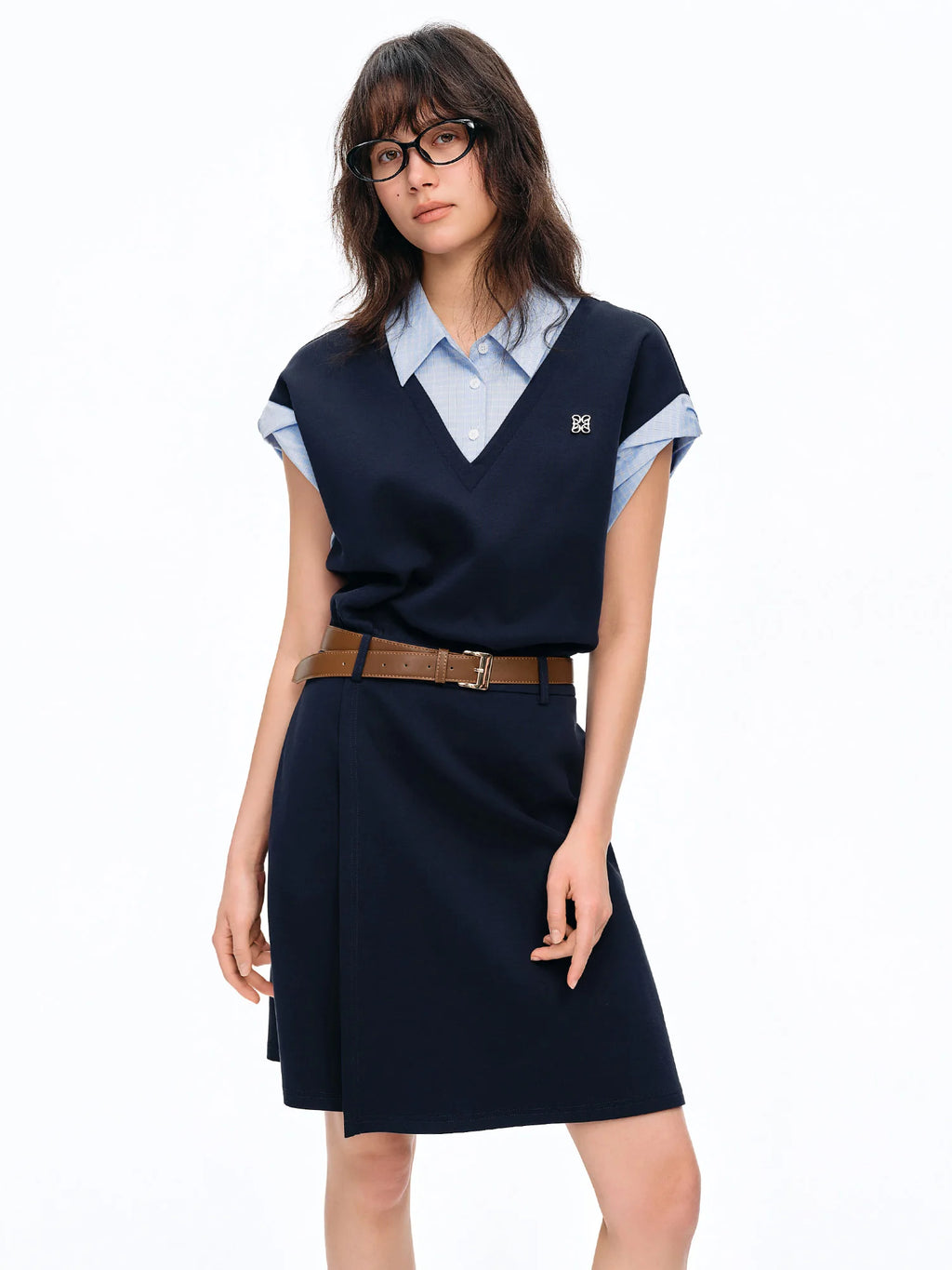 DUSHU Women's Intelligent Color Pseudo-Blazer Blue Checkered Patchwork Dress: Summer 2026 New Arrival Preppy College Style Dress