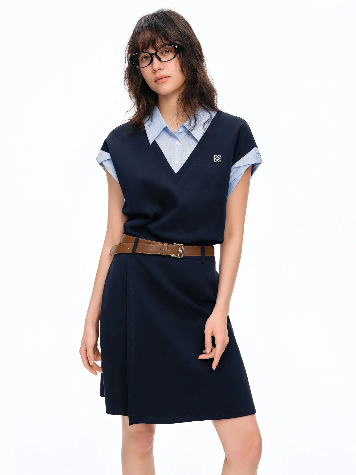 DUSHU Women's Intelligent Color Pseudo-Blazer Blue Checkered Patchwork Dress: Summer 2026 New Arrival Preppy College Style Dress