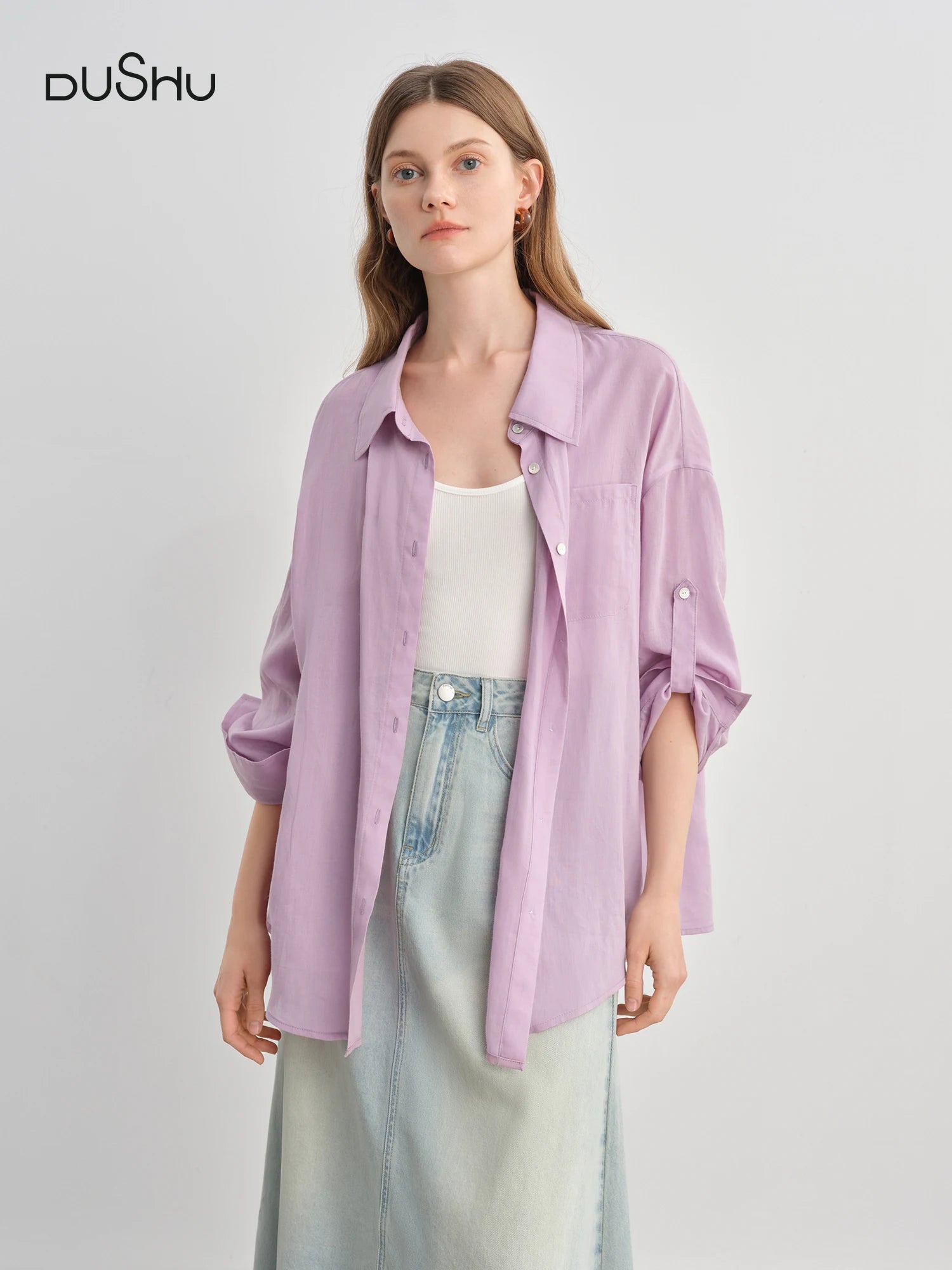 DUSHU  Plus-Size Women's Lyocell Casual Shirt - 2025 Summer New Multi-Color Tencel Linen Blend Commute Top 25DS82718