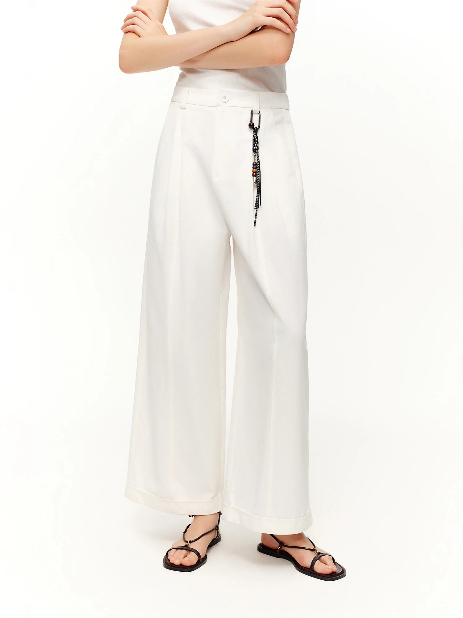 DUSHU Spring Women Beaded Drawstring High Waist Wide Leg Trousers Straight Fit Casual Pants Minimalist Street Style Loose Fit