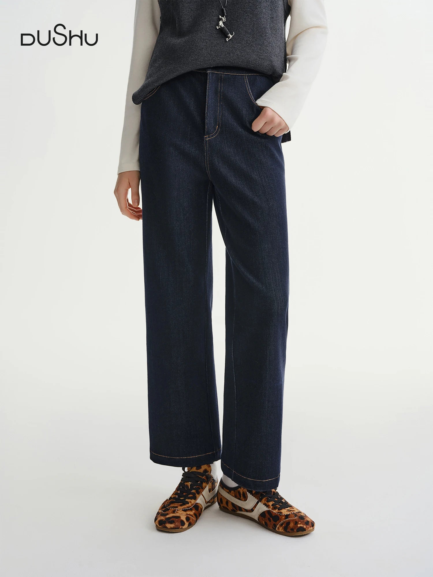 DUSHU Plus Size Women's Soft Denim Long Pants Elastic Waist Straight Leg Trouser 2025 New Arrival Casual Comfort Jeans Office