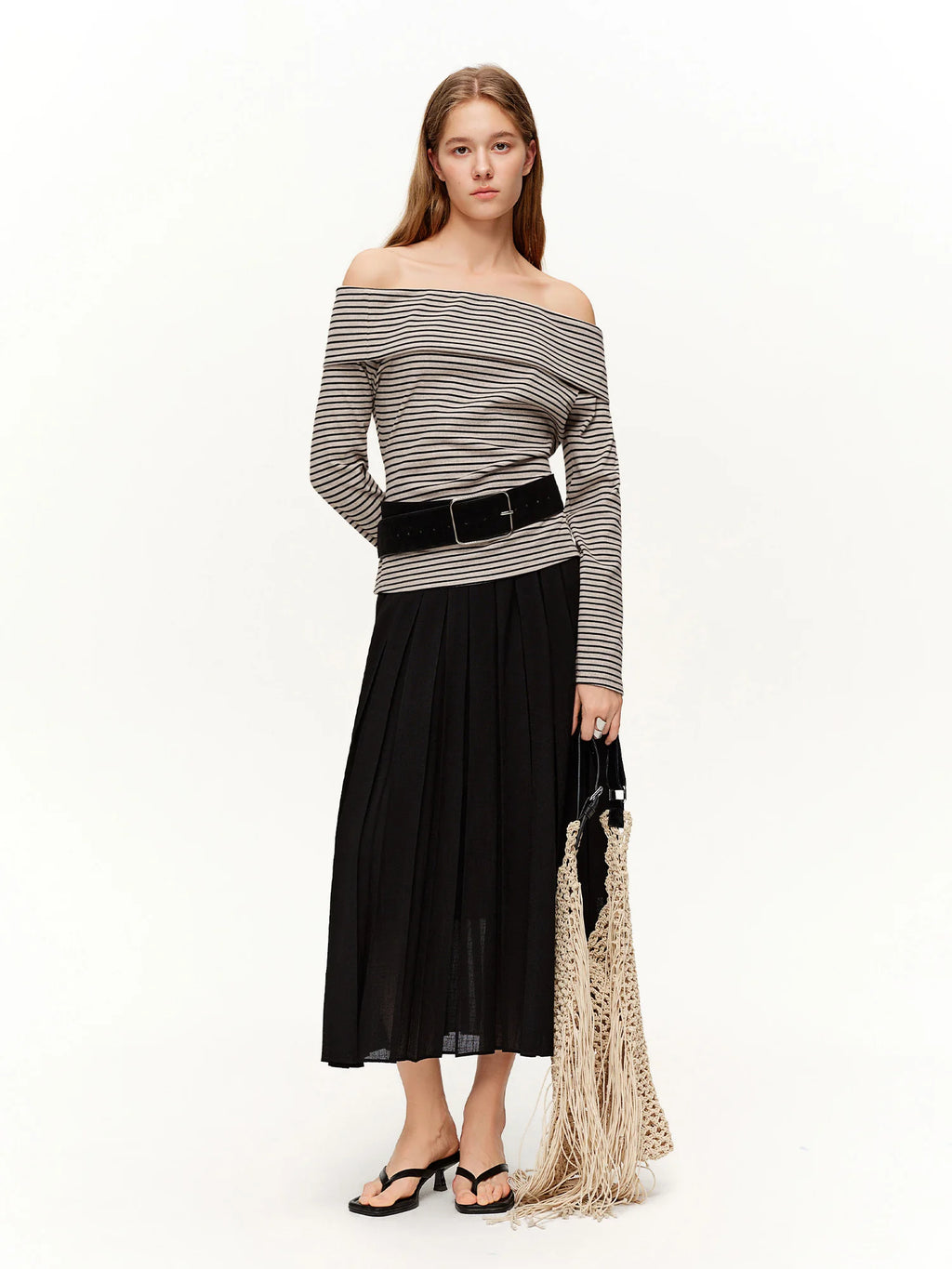 DUSHU 2026 Spring Women's A-Line Pleated Midi Skirt - Elegant Flowly Long Skirt with High Waist for Casual and Office Wear