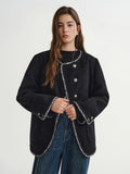 DUSHU Black Elegant Round Neck Jacket Winter New Wool Shoulder Short Jacket European Style Trendy Chic Commuting Office Simple