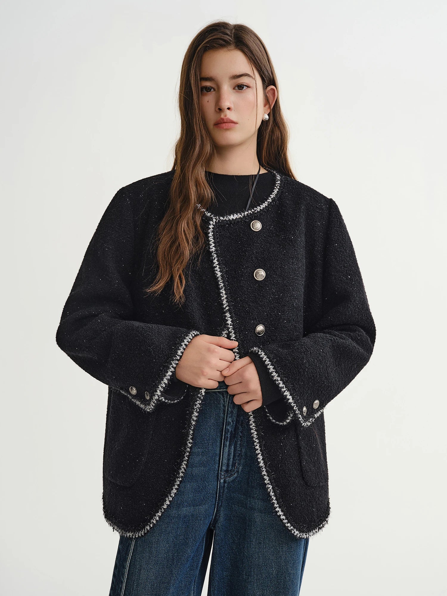 DUSHU Black Elegant Round Neck Jacket Winter New Wool Shoulder Short Jacket European Style Trendy Chic Commuting Office Simple