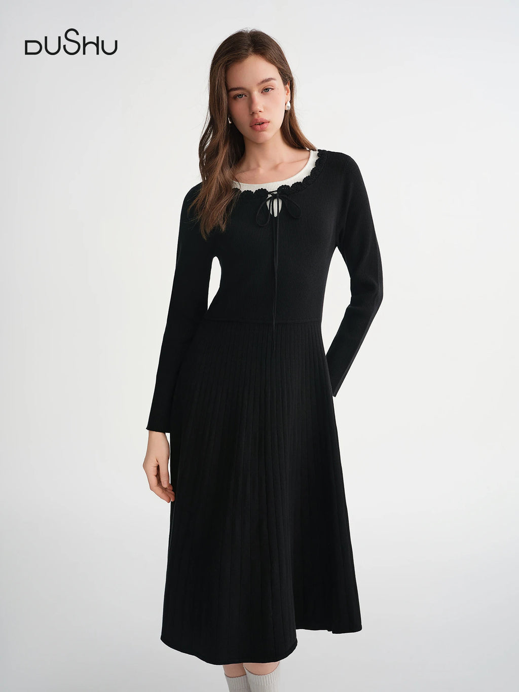DUSHU Women's Fashion Private Romantic Color Clash Mock Two-Piece Knit Dress Elegant and Versatile Knit Dress for Curvy Women