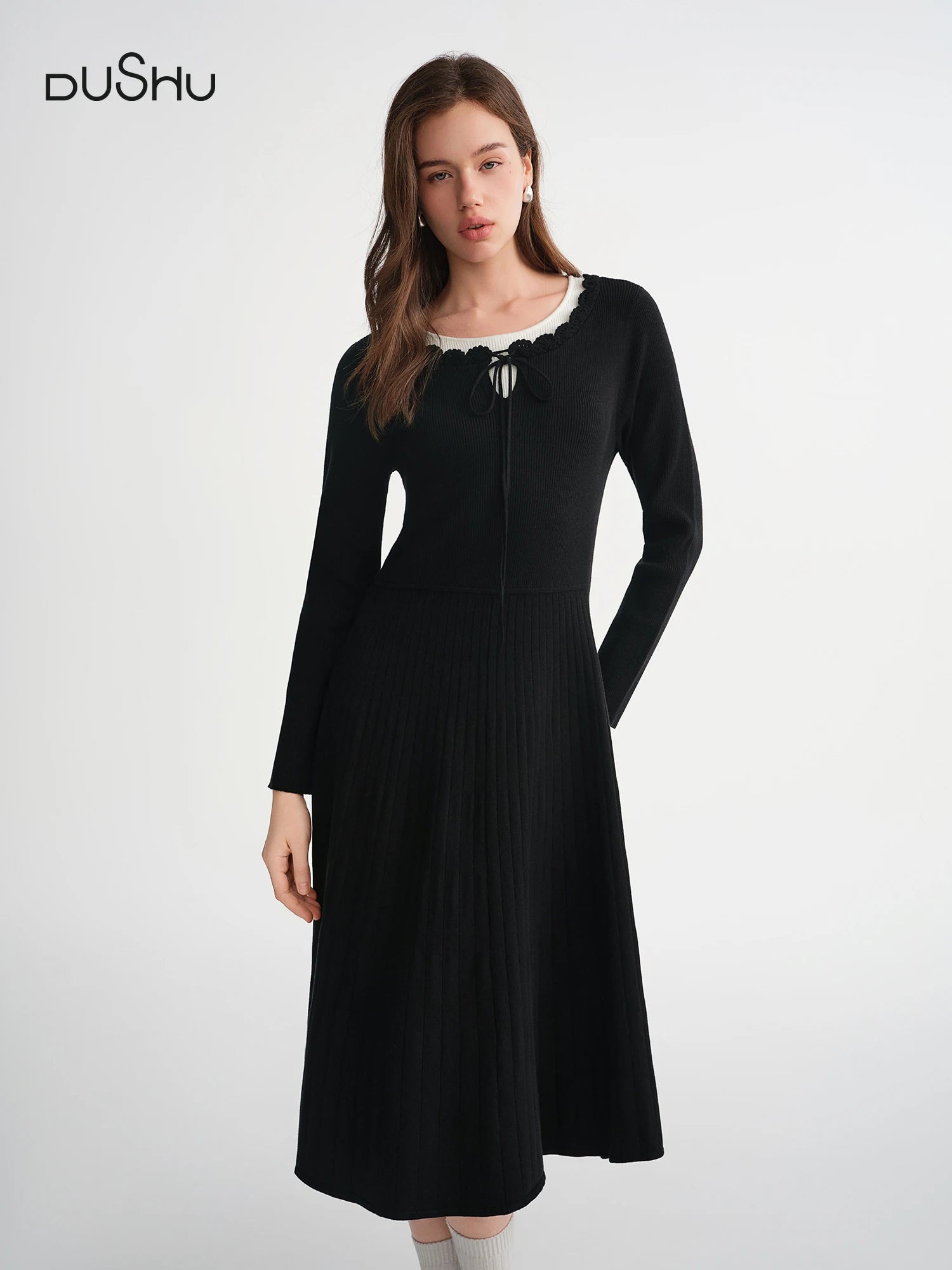 DUSHU Women's Fashion Private Romantic Color Clash Mock Two-Piece Knit Dress Elegant and Versatile Knit Dress for Curvy Women