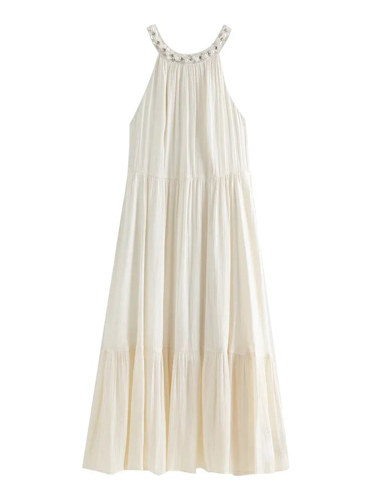 DUSHU Beige Holiday Halter Dress 2024 Summer New Women Long Loose Thin Dress Beaded Neckline Decoration Chiffon Dress 24DS82815
