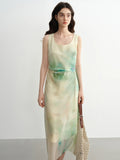 DUSHU Plus Size Women's Clothing Ink Pleated Waist Dress 2025 Summer New Slim Medium Long A-line 25DS82586