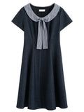 DUSHU 2026 Summer Women's Plaid Peter Pan Collar Dress with Bow Accent - Playful Elegant Midi for Daily Outings Special Events