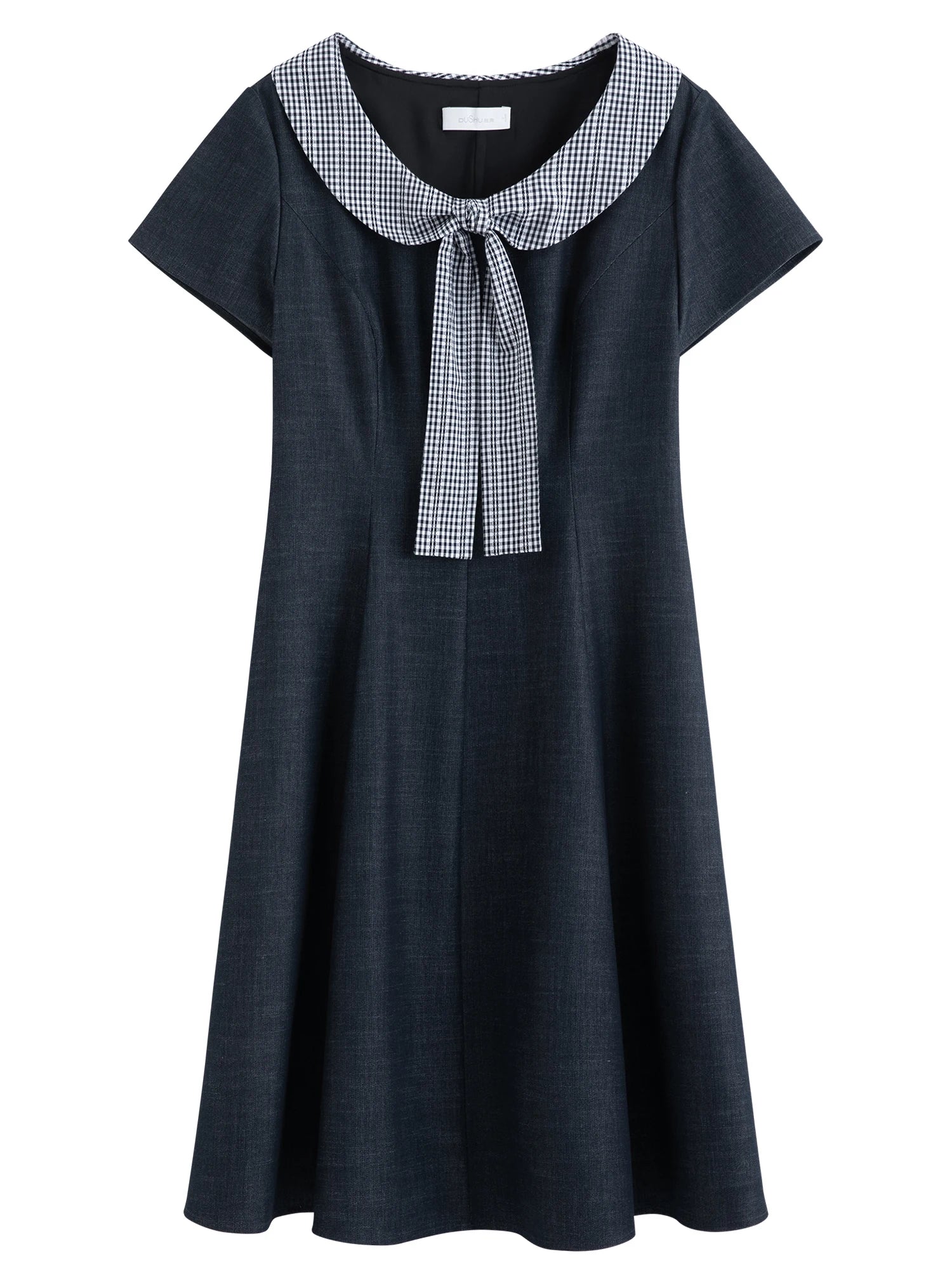 DUSHU 2026 Summer Women's Plaid Peter Pan Collar Dress with Bow Accent - Playful Elegant Midi for Daily Outings Special Events