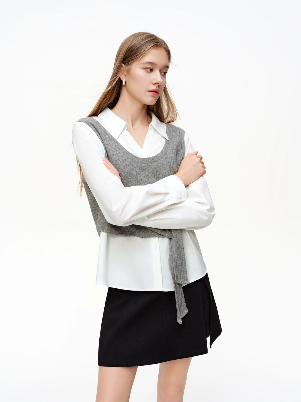 DUSHU Women's Fake Two-Piece Shirt Set 2026 Spring Slim Fit Office Gray Knit Vest Top White Blouses Casual Clean Fit