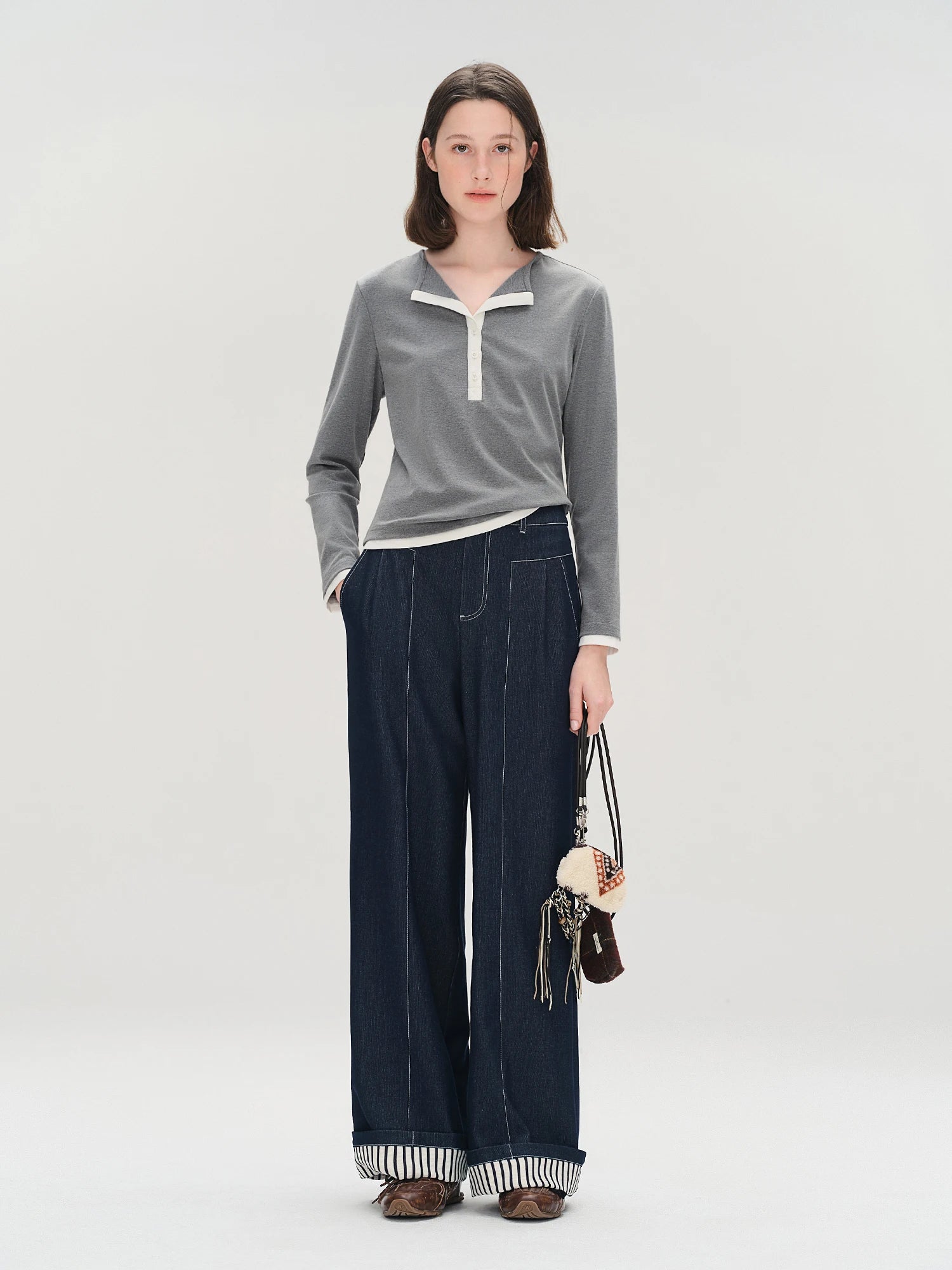 DUSHU Plus Size Women's Retro Rolled-Up Stripe Denim-Style Wide Leg Pants - Autumn 2025 Relaxed Fit Jeans