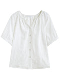 DUSHU 2025 Summer Women's Raglan Sleeve Shirt - Minimalist V-Neck Top with Breathable Cotton Blend for Office Chic Style